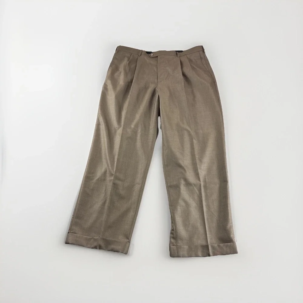 Perry Ellis America Dress Pants Men 40x30 Brown Pleated Slacks Chinos Preppy NEW